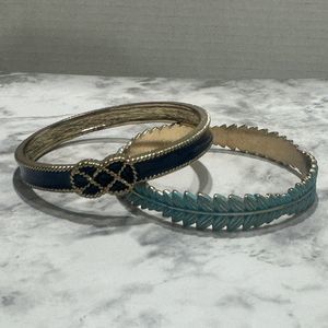 Solid Metal Vintage Custom Made Bangle Bracelets, Navy-Teal-Goldtone, Set Of 2